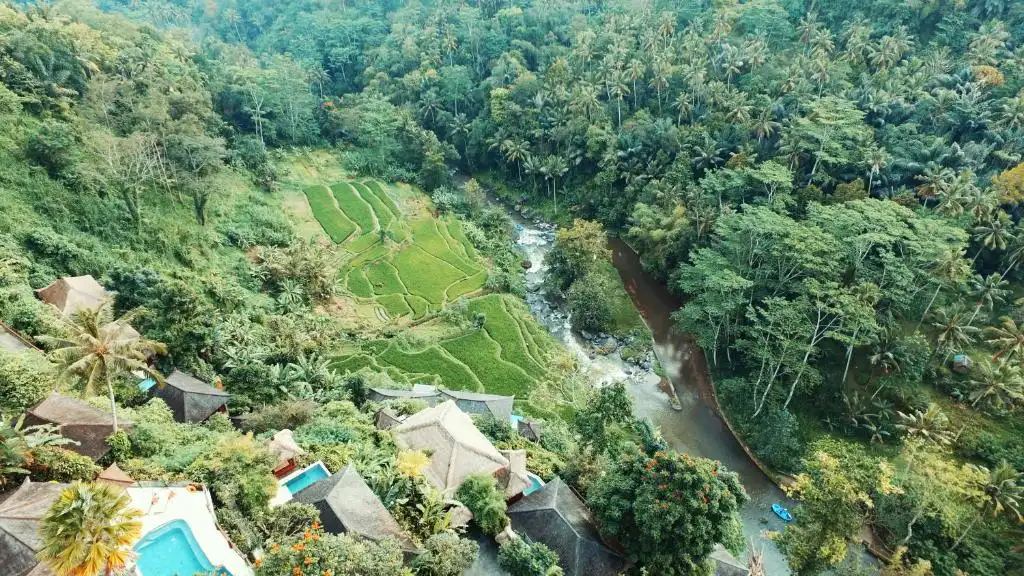 An aerial view of a steep, lush tropical valley with a winding river, terraced green rice paddies, and secluded thatched-roof villas perched on the hillside, capturing the spectacular natural setting of the best luxury resorts in Bali.