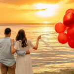 A couple holding balloons on a beach in Bali