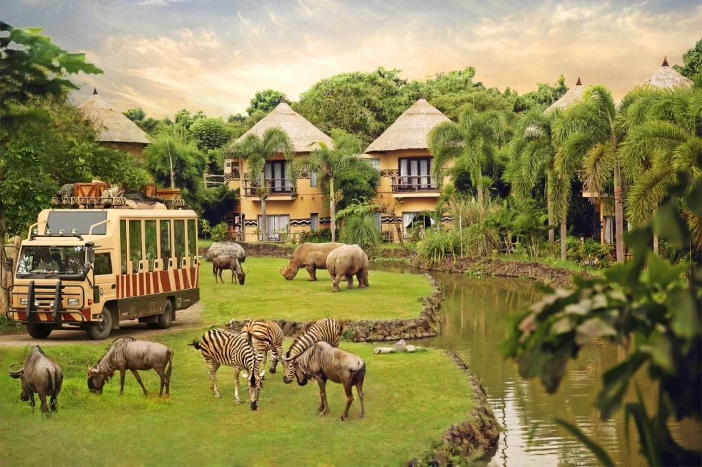 Safari resort with wild animals and safari truck
