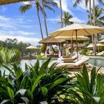 The pool view of a luxury hotel in asia