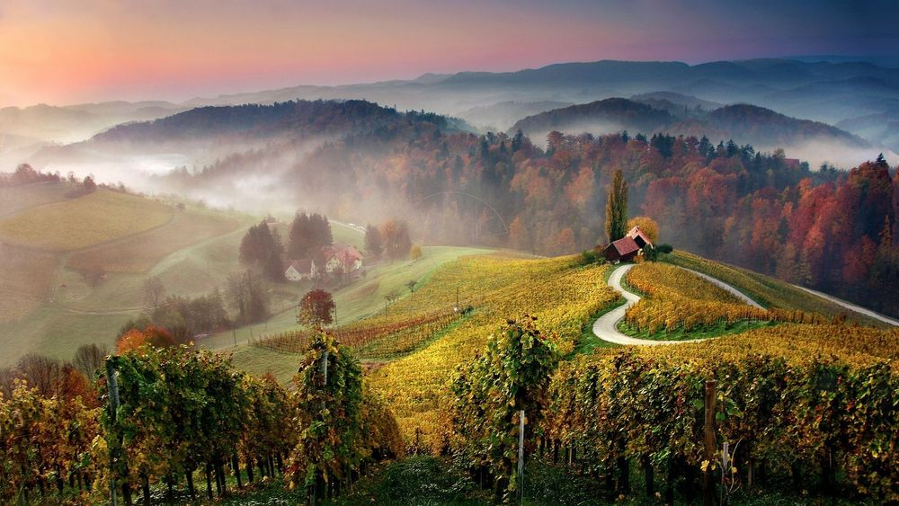 The countryside of Slovenia with mountains in the background