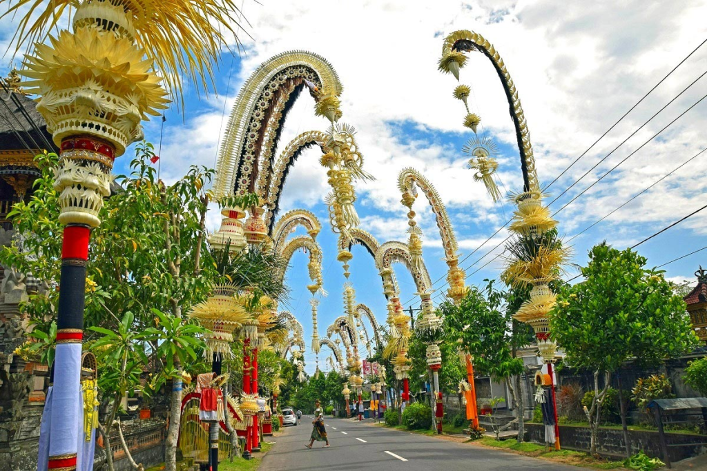 A street in Bali decorated for Galungan and Kuningan holiday
