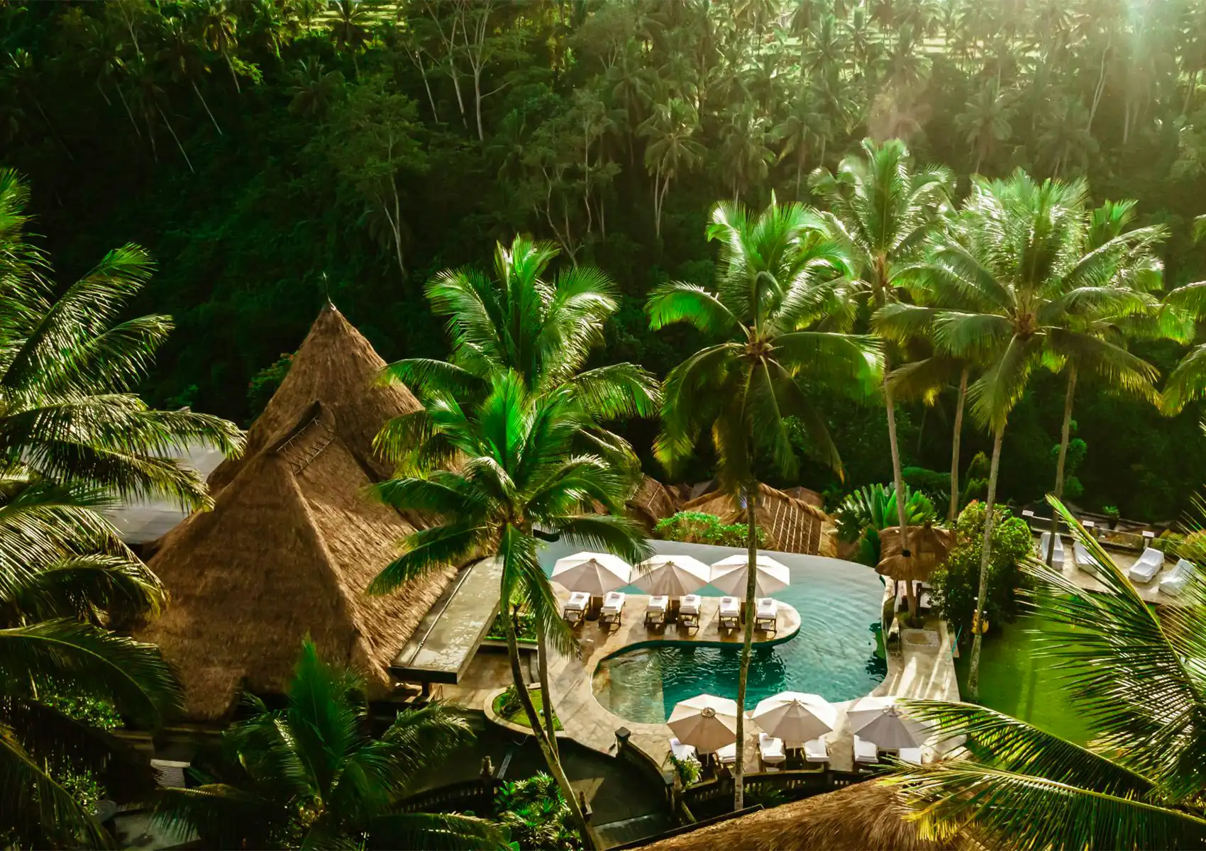 Luxury Bali resort with tropical pool, palm trees, and thatched villas for serene escape.