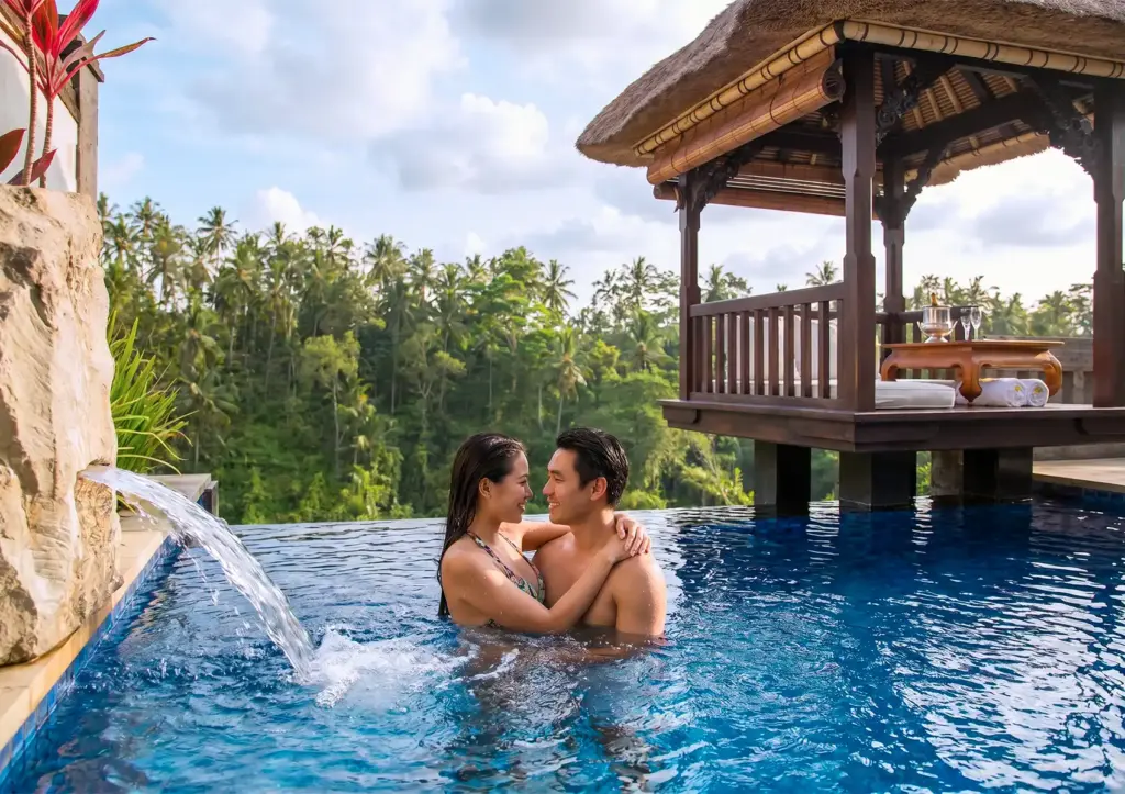 A couple embracing and gazing at each other in a deep blue infinity pool beside a stone waterfall feature, with a traditional Balinese thatched-roof gazebo holding champagne glasses and folded towels overlooking a lush tropical jungle canopy