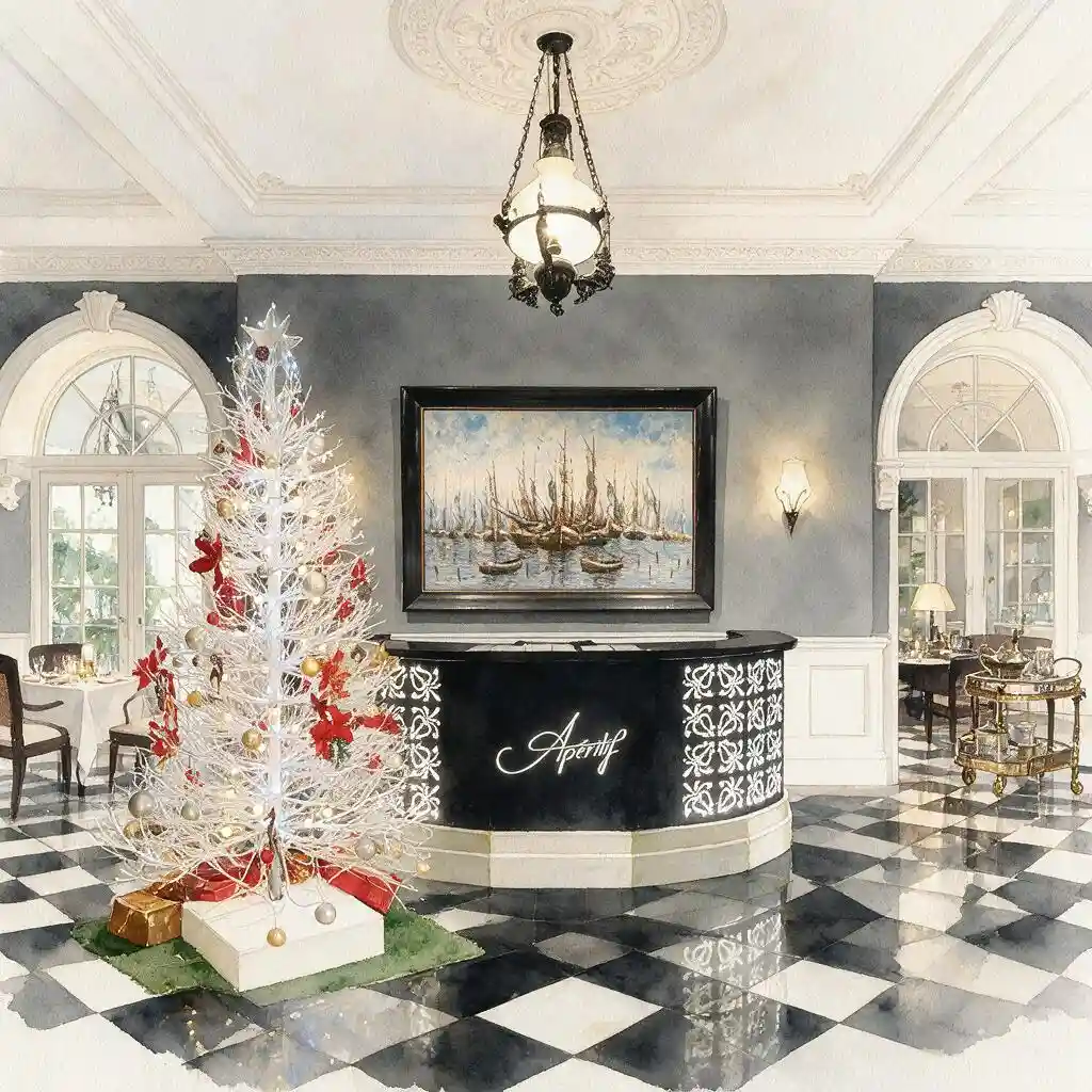Elegant lobby featuring a white decorated Christmas tree and reception counter