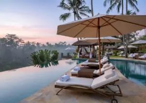 A tranquil resort infinity pool lined with lounge chairs and umbrellas overlooking a misty jungle valley at dawn, ideal for a relaxing stay on a bali trip itinerary 10 days.
