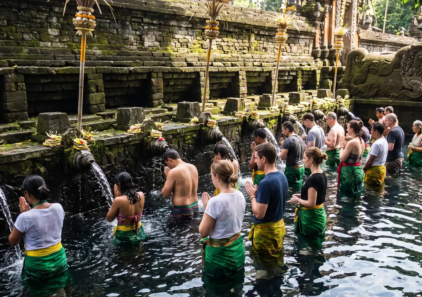 A line of people wearing traditional green sarongs praying waist-deep in a sacred temple pool under flowing water spouts, experiencing a Melukat ceremony while staying at a boutique hotel bali.