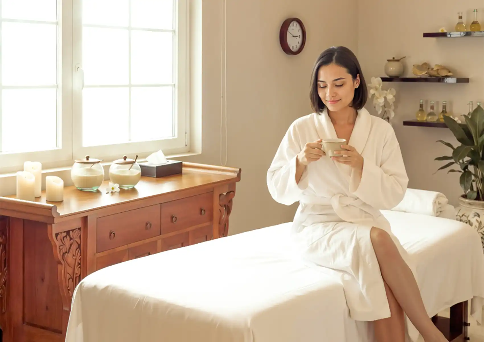 A woman in a white bathrobe sitting on a massage table and enjoying a warm cup of tea in a bright, tranquil treatment room at a boutique retreat in bali.